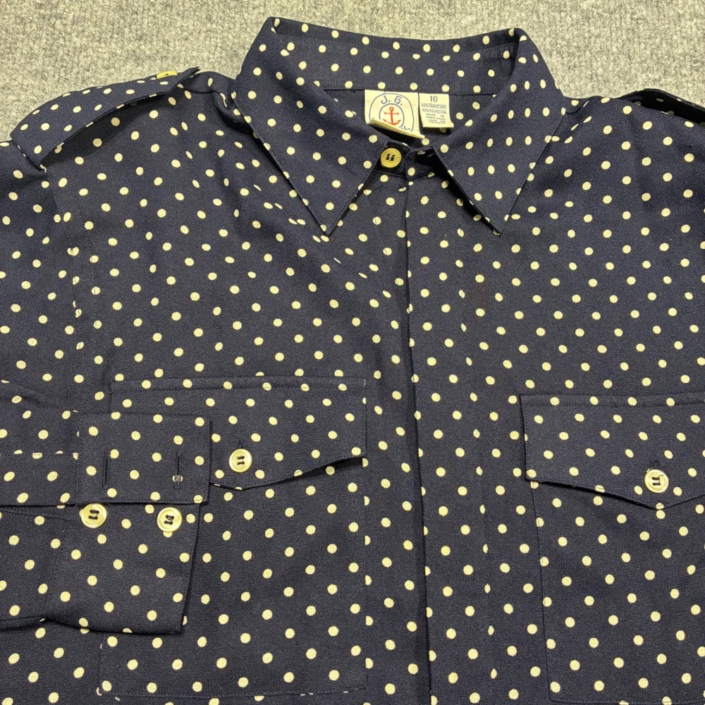 J.G. Hook Vintage Navy Polka Dot Button Up Shirt Epaulettes‎ Womens 10 Vintage
